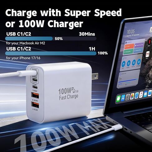 كتلة شاحن USB C بقوة 100 وات، شاحن حائط 5 منافذ من النوع C شحن سريع، محول طاقة PD + قابس QC متعدد المنافذ من النوع C مكعب الطوب متوافق مع Apple iPhone 17 Air 16 15 14 13 12 Pro Max، MacBook، iPad in Kuwait