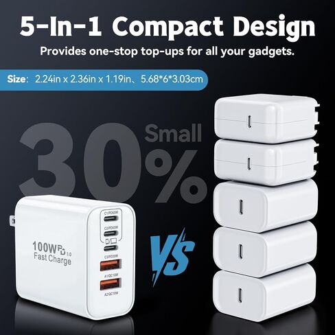 كتلة شاحن USB C بقوة 100 وات، شاحن حائط 5 منافذ من النوع C شحن سريع، محول طاقة PD + قابس QC متعدد المنافذ من النوع C مكعب الطوب متوافق مع Apple iPhone 17 Air 16 15 14 13 12 Pro Max، MacBook، iPad in Kuwait