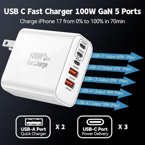 كتلة شاحن USB C بقوة 100 وات، شاحن حائط 5 منافذ من النوع C شحن سريع، محول طاقة PD + قابس QC متعدد المنافذ من النوع C مكعب الطوب متوافق مع Apple iPhone 17 Air 16 15 14 13 12 Pro Max، MacBook، iPad in Kuwait