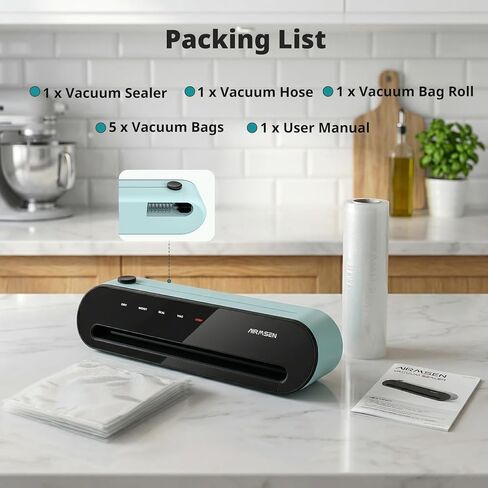AIRMSEN 1-Step Vacuum Sealer للأغذية، 6 في 1 سدادة تفريغ أوتوماتيكية بالكامل، قاطع مدمج وتخزين الحقائب، لوحة لمس LED، أوضاع جافة ورطبة لحفظ الطعام، مجموعة أدوات للمبتدئين متضمنة in Kuwait