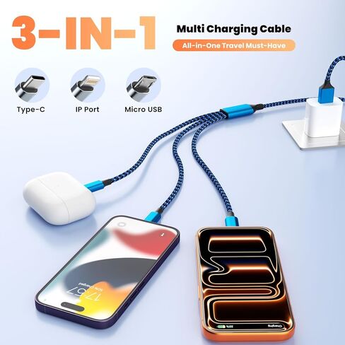 3 IN 1 Multi Charging Cable, USB Cable Multiple Charger Cord with Type C/L/Micro USB Ports, Universal Multi Phone Charger Cords for iPhone 17-8/Galaxy S25/PS/Pad/Car Accessories (2Packs 4FT) in Saudi Arabia