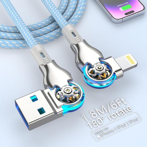 Bidirectional 90 Degree iPhone Charging Cable, 6FT 180°Rotating Left & Right Angle Lightning Charger Cable, High Speed Data Sync iPhone Charging Cord for iPhone 14/13/12/11/Pro/MAX/XR/XS/8/7/Plus/6S in Saudi Arabia