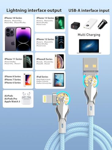 Bidirectional 90 Degree iPhone Charging Cable, 6FT 180°Rotating Left & Right Angle Lightning Charger Cable, High Speed Data Sync iPhone Charging Cord for iPhone 14/13/12/11/Pro/MAX/XR/XS/8/7/Plus/6S in Saudi Arabia