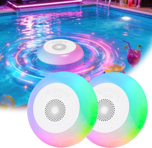 Floating Pool Speaker with Colorful Lights, IP68 Waterproof, Wireless Bluetooth, Built-in Mic, Surround Sound, for Outdoor Use and Hot Tubs (White) in Saudi Arabia