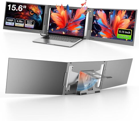 QQH 15.6 بوصة موسع شاشة الكمبيوتر المحمول، شاشة محمولة ثلاثية غير مشبكية، كابل واحد USB-C شاشة سفر لشاشتين، حامل سطح المكتب موسع شاشة الكمبيوتر المحمول لأجهزة الكمبيوتر المحمول 12 بوصة - 16 بوصة، MacOS/Windows/Android in Kuwait