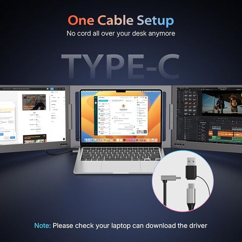 QQH 15.6 بوصة موسع شاشة الكمبيوتر المحمول، شاشة محمولة ثلاثية غير مشبكية، كابل واحد USB-C شاشة سفر لشاشتين، حامل سطح المكتب موسع شاشة الكمبيوتر المحمول لأجهزة الكمبيوتر المحمول 12 بوصة - 16 بوصة، MacOS/Windows/Android in Kuwait