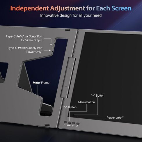 QQH 15.6 بوصة موسع شاشة الكمبيوتر المحمول، شاشة محمولة ثلاثية غير مشبكية، كابل واحد USB-C شاشة سفر لشاشتين، حامل سطح المكتب موسع شاشة الكمبيوتر المحمول لأجهزة الكمبيوتر المحمول 12 بوصة - 16 بوصة، MacOS/Windows/Android in Kuwait