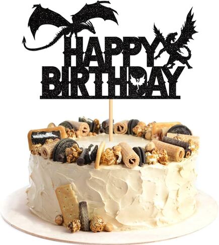 Dragon Happy Birthday Cake Topper Black Glitter Fantasy Fantasy Cake Decoration for Medieval Dragon موضوع حفلة عيد ميلاد حفلة استحمام الطفل اللوازم in Kuwait