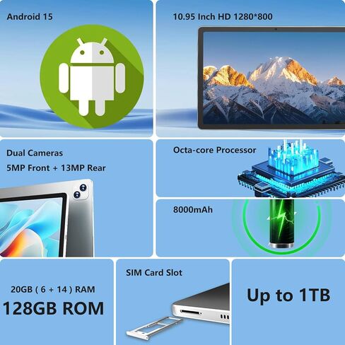 تابلت NOBKLE مقاس 11 بوصة يعمل بنظام Android 15 مع فتحة شريحة اتصال 4G LTE، وذاكرة وصول عشوائي 20 جيجابايت وتخزين 128 جيجابايت، ومعالج ثماني النواة، وشاشة IPS عالية الدقة، ومكبرات صوت رباعية، وواي فاي، وبلوتوث، وجهاز لوحي ببطارية طويلة للعمل والدراسة والس in Kuwait