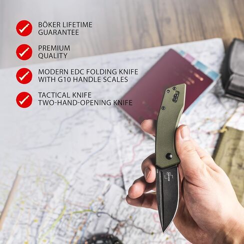 سكين جيب BÖKER PLUS® Worldwide 2.0 - سكين EDC قانوني قابل للطي بمشبك - مفصل منزلق - مقبض G10 أخضر - نقطة إسقاط - شفرة سوداء - احترافي خارجي in Kuwait