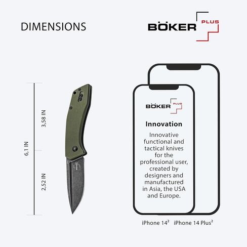سكين جيب BÖKER PLUS® Worldwide 2.0 - سكين EDC قانوني قابل للطي بمشبك - مفصل منزلق - مقبض G10 أخضر - نقطة إسقاط - شفرة سوداء - احترافي خارجي in Kuwait
