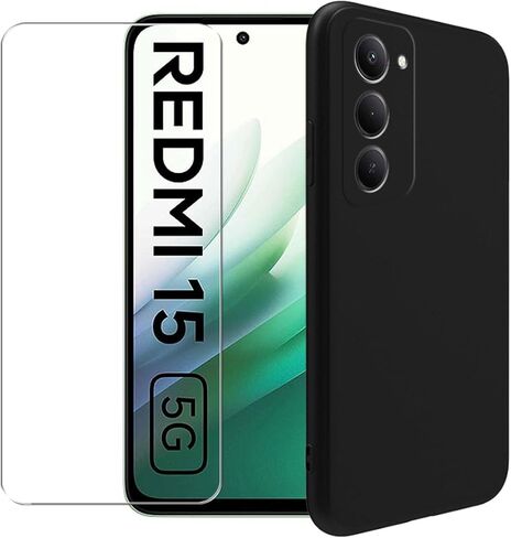 حافظة لهاتف Xiaomi Redmi 15 5G + [عبوتان] واقي شاشة زجاجي مقوى - غطاء حماية من مادة TPU من السيليكون الشفاف الناعم المرن المقاوم للصدمات (أسود) in Kuwait