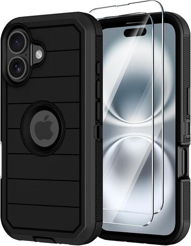 حافظة لهاتف iPhone 16 مع واقي شاشة، حافظات متينة للحماية من السقوط من الدرجة العسكرية، غطاء هاتف خلوي متين ممتص للصدمات والغبار لهاتف Apple 16 6.1 بوصة (أسود برتقالي in Kuwait