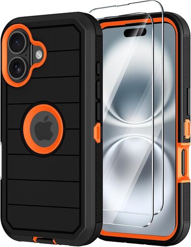 for iPhone 16 Case with Screen Protector,Heavy Duty Military Grade Drop Protection Tough Cases,Shock-Absorbing Dust Proof Rugged Durable Bumper Cell Phone Cover for Apple 16 6.1" (Black Orange in Saudi Arabia