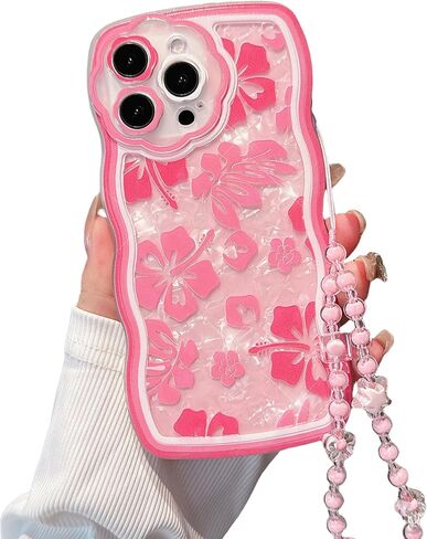 for iPhone 11 Pro Max Case, [Wavy Curly Edge Comfort Grip] [3 in 1 with Beaded Wrist Strap Bracelet Chain & Sparkling Cardstock] Aesthetic Pink Hibiscus Floral Flowers Pattern for Women Girls in Saudi Arabia