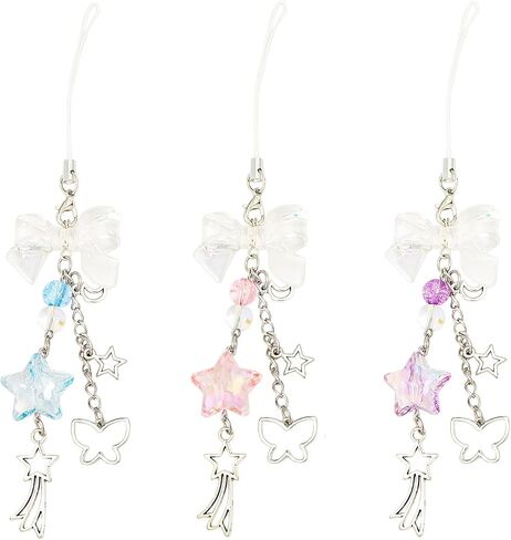 3PCS Phone Charm Y2K Style Accessories Aesthetic Keychain Star Cute Decor String Cellphone Chain Pendant Strap Lanyard Butterfly Crystal Ribbon Bead Bow （Blue Pink Purple） in Saudi Arabia