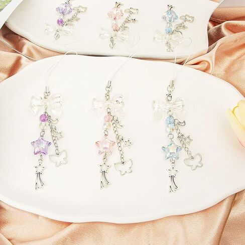 3PCS Phone Charm Y2K Style Accessories Aesthetic Keychain Star Cute Decor String Cellphone Chain Pendant Strap Lanyard Butterfly Crystal Ribbon Bead Bow （Blue Pink Purple） in Saudi Arabia