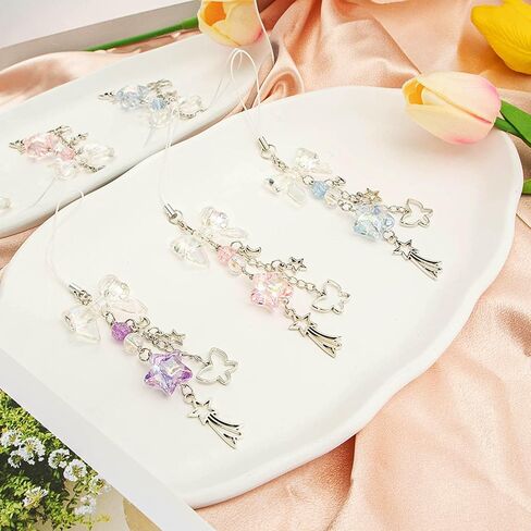 3PCS Phone Charm Y2K Style Accessories Aesthetic Keychain Star Cute Decor String Cellphone Chain Pendant Strap Lanyard Butterfly Crystal Ribbon Bead Bow （Blue Pink Purple） in Saudi Arabia