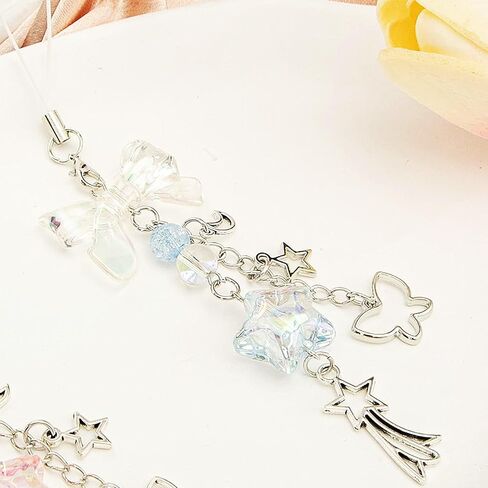 3PCS Phone Charm Y2K Style Accessories Aesthetic Keychain Star Cute Decor String Cellphone Chain Pendant Strap Lanyard Butterfly Crystal Ribbon Bead Bow （Blue Pink Purple） in Saudi Arabia