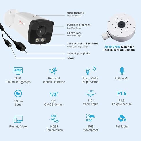 كاميرا Anpviz 4MP Bullet PoE IP مع رؤية ليلية ذكية مزدوجة الألوان، كاميرا أمان معدنية كاملة PoE داخلية/خارجية، كشف الحركة البشرية بالذكاء الاصطناعي، IP66، سلكي، NDAA، IPC-B8A43WD-S (سلسلة U) in Saudi Arabia