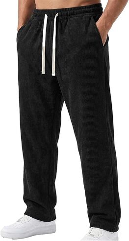 Mens Corduroy Pants Loose Fit Wide Leg Pants Waist Drawstring with Pockets for Athletic Running Casual Pants in Saudi Arabia