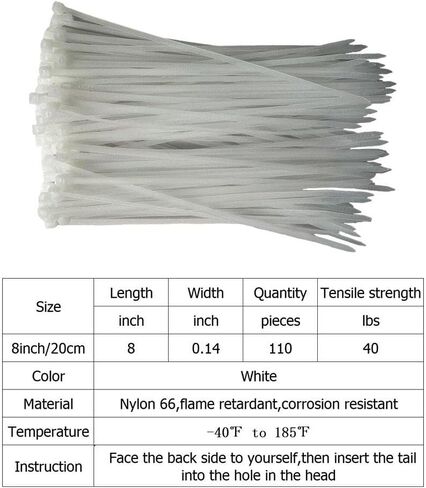 Zip Ties 8 inch (110 Pack), 40lbs Tensile Strength, white cable Ties clear, wire Ties for indoor and outdoor use in Saudi Arabia