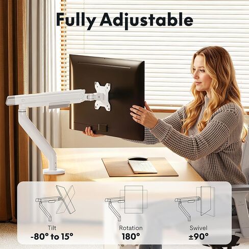 FlexiSpot Single Monitor Arm, Premium Aluminum Monitor Desk Mount Fits Screen up to 35 Inches 19.84 lbs, Fully Adjustable Monitor Stand with C-Clamp & Grommet Base for Home Office, White in Saudi Arabia
