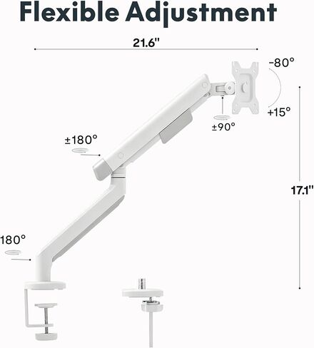 FlexiSpot Single Monitor Arm, Premium Aluminum Monitor Desk Mount Fits Screen up to 35 Inches 19.84 lbs, Fully Adjustable Monitor Stand with C-Clamp & Grommet Base for Home Office, White in Saudi Arabia