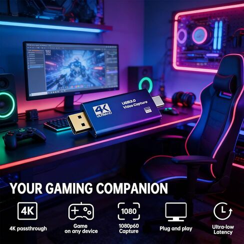 بطاقة التقاط الفيديو، حلقة HDMI 4K إلى USB 3.0 مع مدخل 1080P 60FPS وميكروفون، توصيل وتشغيل بطاقة زمن الوصول المنخفض للبث المباشر وتسجيل الألعاب in Kuwait
