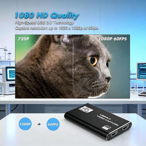 بطاقة التقاط الفيديو، حلقة HDMI 4K إلى USB 3.0 مع مدخل 1080P 60FPS وميكروفون، توصيل وتشغيل بطاقة زمن الوصول المنخفض للبث المباشر وتسجيل الألعاب in Kuwait