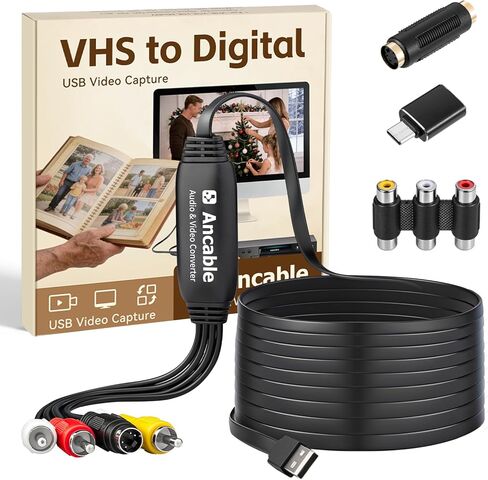 3-Feet VHS to Digital Converter, Video Capture Card for Mac/Windows, Preserve Old Family Memories from VCR VHS Hi8 MiniDV, USB 2.0 RCA to USB with S-Video & USB-C Adapter, Full Software Guide Included in Saudi Arabia