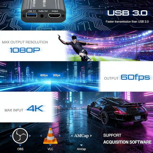بطاقة التقاط الفيديو، حلقة HDMI 4K إلى USB 3.0 مع مدخل 1080P 60FPS وميكروفون، توصيل وتشغيل بطاقة زمن الوصول المنخفض للبث المباشر وتسجيل الألعاب in Kuwait