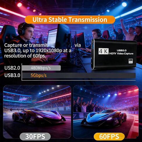بطاقة التقاط الفيديو، حلقة HDMI 4K إلى USB 3.0 مع مدخل 1080P 60FPS وميكروفون، توصيل وتشغيل بطاقة زمن الوصول المنخفض للبث المباشر وتسجيل الألعاب in Kuwait