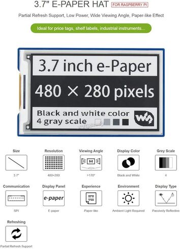 3.7 inch e-Paper E-Ink Display HAT 480×280 Pixels Screen Black/White 4 Grey Scales SPI Interface for Raspberry Pi 4 3 2 Jetson Nano STM32 3.3V / 5V @XYGStudy in Saudi Arabia