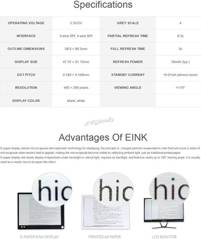 3.7 inch e-Paper E-Ink Display HAT 480×280 Pixels Screen Black/White 4 Grey Scales SPI Interface for Raspberry Pi 4 3 2 Jetson Nano STM32 3.3V / 5V @XYGStudy in Saudi Arabia