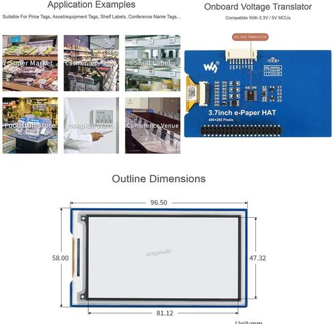 3.7 inch e-Paper E-Ink Display HAT 480×280 Pixels Screen Black/White 4 Grey Scales SPI Interface for Raspberry Pi 4 3 2 Jetson Nano STM32 3.3V / 5V @XYGStudy in Saudi Arabia