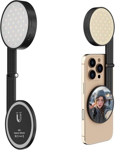 LOUERN ضوء سيلفي مغناطيسي مزدوج الجوانب متوافق مع MagSafe iPhone، 42 مصباح LED لكل جانب، CRI95+ مصباح هاتف محمول وقابل للطي قابل لإعادة الشحن مع مرآة لـ TikTok، ومدونات الفيديو، ومكالمات التكبير، والتصوير الفوتوغرافي in Kuwait