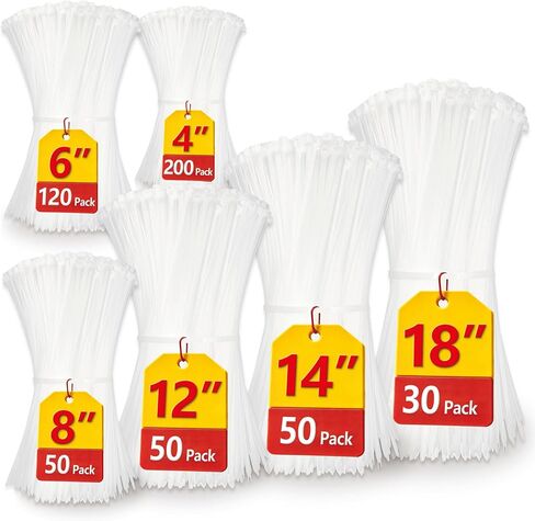 ربطات عنق بسحاب بيضاء بمقاسات متنوعة (4"+6"+8"+12"+14"+18")، 500 حزمة، أربطة بسحاب شفافة، أربطة كبل بيضاء، أربطة سلكية، سحابات شفافة، ANOSON in Kuwait