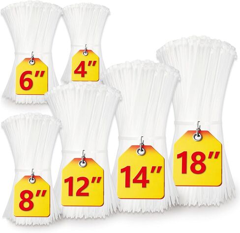 ربطات عنق بسحاب بيضاء بمقاسات متنوعة (4"+6"+8"+12"+14"+18")، 500 حزمة، أربطة بسحاب شفافة، أربطة كبل بيضاء، أربطة سلكية، سحابات شفافة، ANOSON in Kuwait