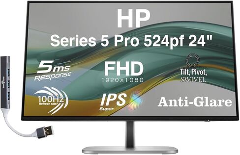 شاشة HP Series 5 Pro 524pf 24 بوصة FHD IPS مع 100 هرتز 350 شمعة في المتر المربع، 5 مللي ثانية، مضادة للتوهج، خالية من الوميض، حامل VESA (100 مم)، ارتفاع قابل للتعديل، دوار، محوري وموسع منفذ USB Dockztorm | أسود/فضي in Saudi Arabia