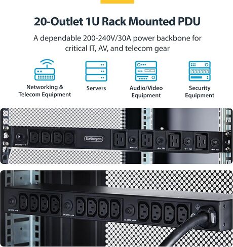 StarTech 20-Outlet Rackmount PDU، مشترك طاقة خادم 1U، 16x C13 + 4X C19، 8X منافذ أمامية و12x خلفية، وصلة حائط NEMA L6-30P، 30A/240V، مدرج في قائمة UL، TAA in Kuwait