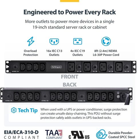 StarTech 20-Outlet Rackmount PDU، مشترك طاقة خادم 1U، 16x C13 + 4X C19، 8X منافذ أمامية و12x خلفية، وصلة حائط NEMA L6-30P، 30A/240V، مدرج في قائمة UL، TAA in Kuwait