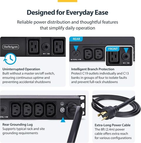 StarTech 20-Outlet Rackmount PDU، مشترك طاقة خادم 1U، 16x C13 + 4X C19، 8X منافذ أمامية و12x خلفية، وصلة حائط NEMA L6-30P، 30A/240V، مدرج في قائمة UL، TAA in Kuwait