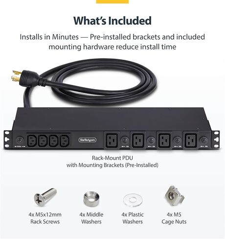 StarTech 20-Outlet Rackmount PDU، مشترك طاقة خادم 1U، 16x C13 + 4X C19، 8X منافذ أمامية و12x خلفية، وصلة حائط NEMA L6-30P، 30A/240V، مدرج في قائمة UL، TAA in Kuwait