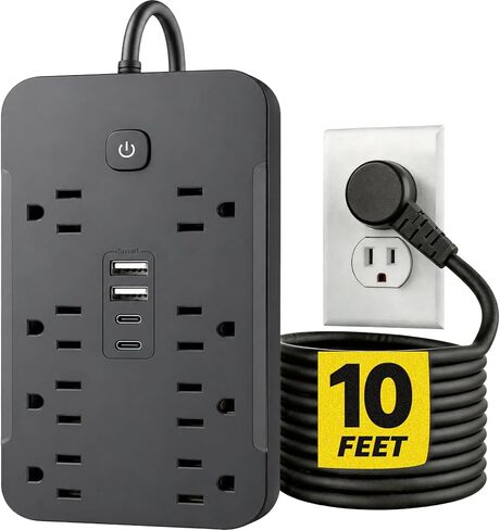 شريط طاقة للحماية من زيادة التيار بطول 10 أقدام، 8 منافذ تيار متردد و4 منافذ USB (2 USB C)، 1430 وات/11.5 أمبير، موسع سلك تمديد مسطح للمكتب والمنزل، أسود in Kuwait