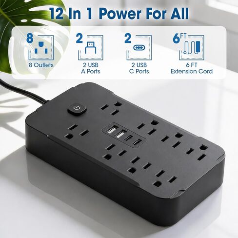 شريط طاقة للحماية من زيادة التيار بطول 10 أقدام، 8 منافذ تيار متردد و4 منافذ USB (2 USB C)، 1430 وات/11.5 أمبير، موسع سلك تمديد مسطح للمكتب والمنزل، أسود in Kuwait