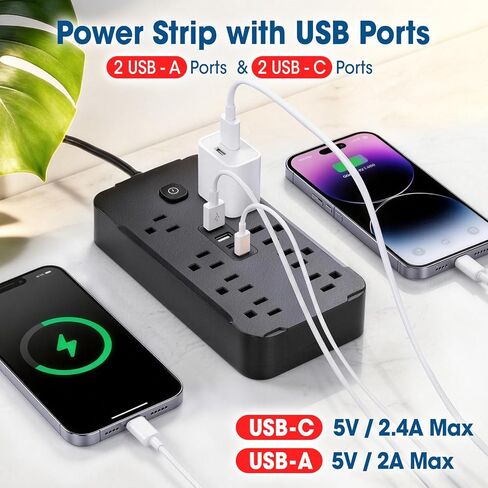 شريط طاقة للحماية من زيادة التيار بطول 10 أقدام، 8 منافذ تيار متردد و4 منافذ USB (2 USB C)، 1430 وات/11.5 أمبير، موسع سلك تمديد مسطح للمكتب والمنزل، أسود in Kuwait