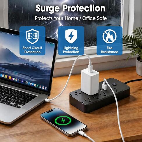 شريط طاقة للحماية من زيادة التيار بطول 10 أقدام، 8 منافذ تيار متردد و4 منافذ USB (2 USB C)، 1430 وات/11.5 أمبير، موسع سلك تمديد مسطح للمكتب والمنزل، أسود in Kuwait