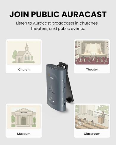 Avantree AuraClip – Auracast Receiver for Assistive Listening in Churches, Theaters & Public Venues, Clip-On Design, Turns 3.5mm Headphones into Auracast, 16H Battery, 328ft Range in Saudi Arabia