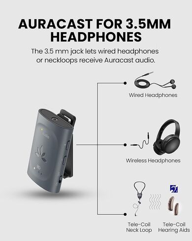 Avantree AuraClip – Auracast Receiver for Assistive Listening in Churches, Theaters & Public Venues, Clip-On Design, Turns 3.5mm Headphones into Auracast, 16H Battery, 328ft Range in Saudi Arabia